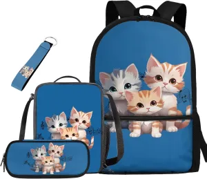 Ystardream 6th Grade Backpack Girls Blue Cat Girls Backpack And Lunch Box Set Kids Back Pack Purse for Women Elementary School Bookbag with Pencil Case Rucksack for Teens Child Back To School