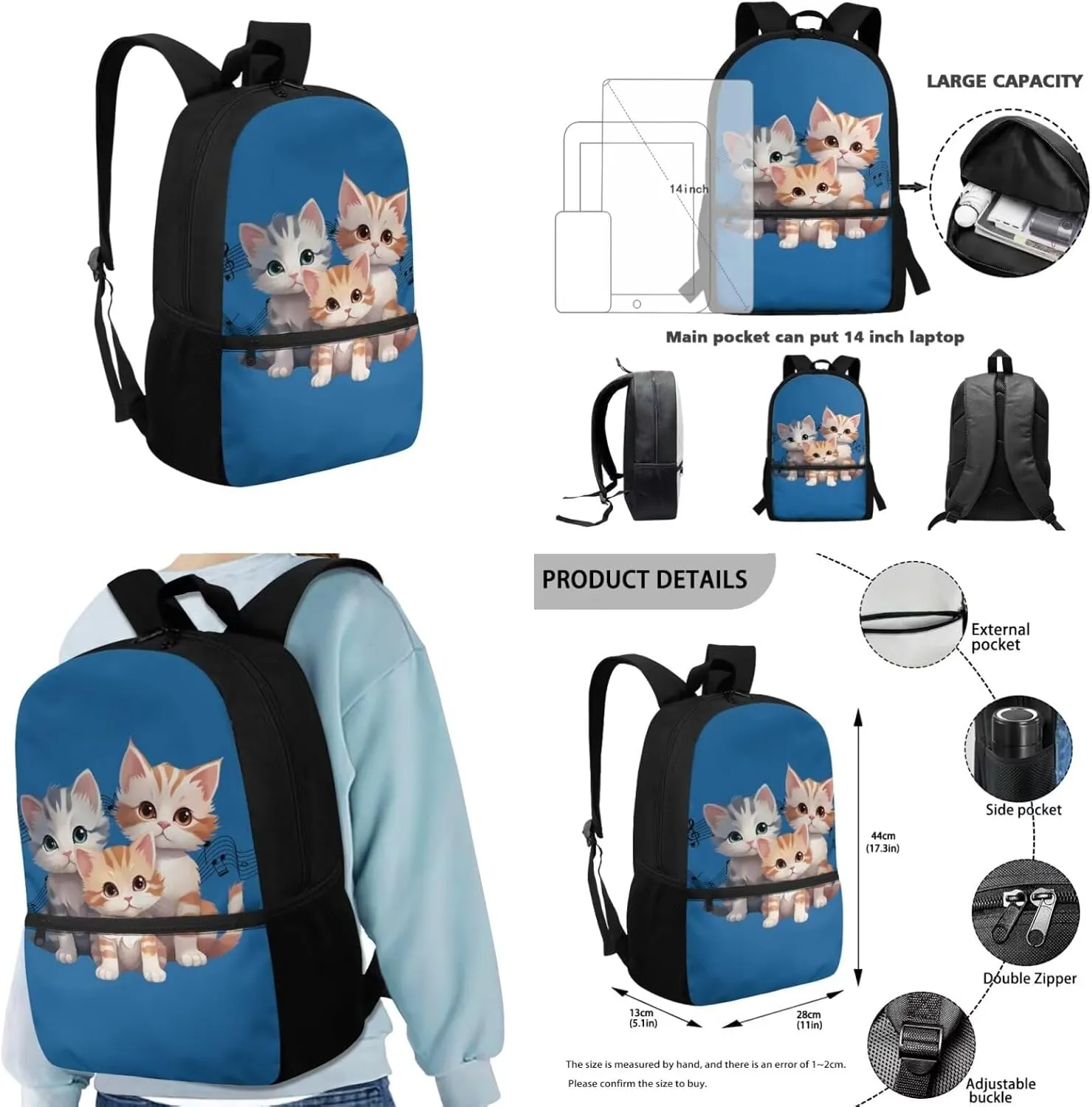 Ystardream 6th Grade Backpack Girls Blue Cat Girls Backpack And Lunch Box Set Kids Back Pack Purse for Women Elementary School Bookbag with Pencil Case Rucksack for Teens Child Back To School