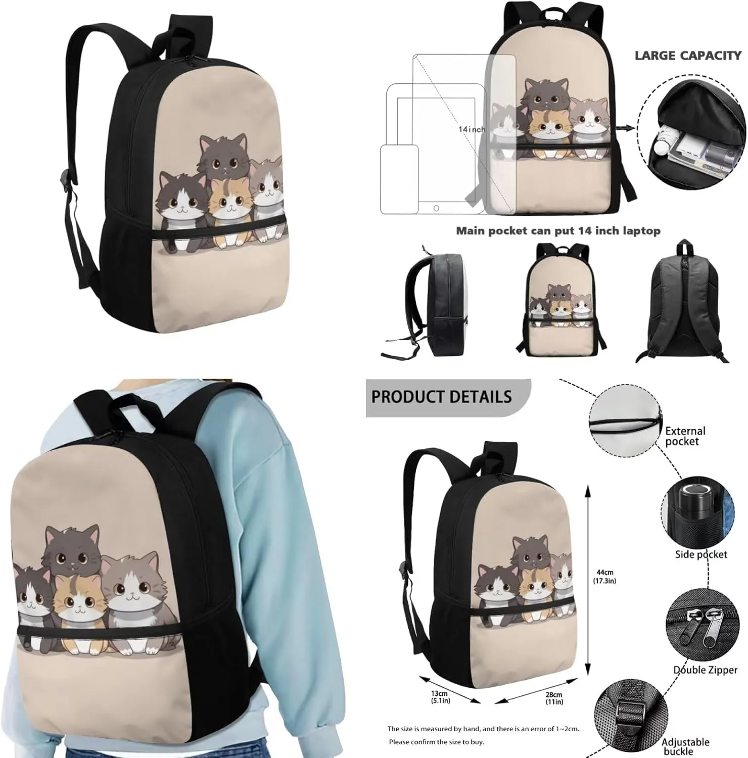 Ystardream Cartoon Cat Backpack for School Bookbag With Lunch Box School Bags for Girls with Key Chain7-10 Students Bookbags Girls Boys Lightweight School Supplies for Teen Girls
