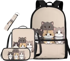 Ystardream Cartoon Cat Backpack for School Bookbag With Lunch Box School Bags for Girls with Key Chain7-10 Students Bookbags Girls Boys Lightweight School Supplies for Teen Girls